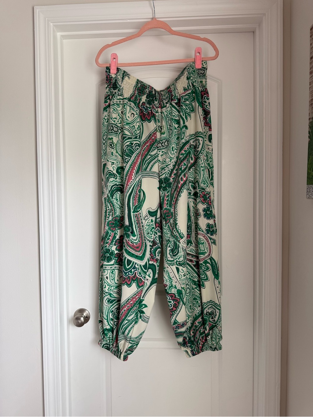 SHEIN Green and Cream Paisley Smocked Waist Skirt
